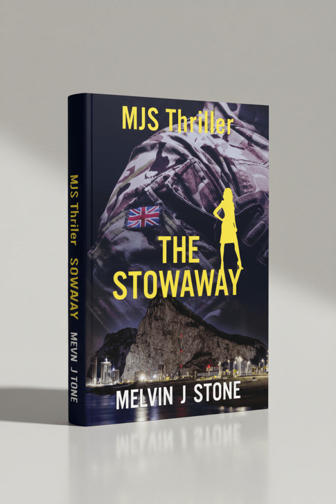 A realistic 3D render of a hardcover thriller novel standing upright at a slight angle on a neutral background, dramatic lighting, minimalist design, suitable as an author book promo image